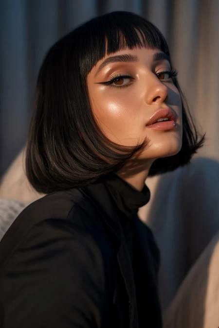 Vibrant portrait of a woman with flawless makeup and sleek black bob hair, showcasing a winter hairstyle.