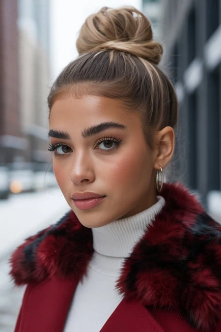 Stylish young woman with makeup and high bun hairstyle, wearing a red fur coat and white turtleneck on city street in winter, fashion, beauty, urban style, model.