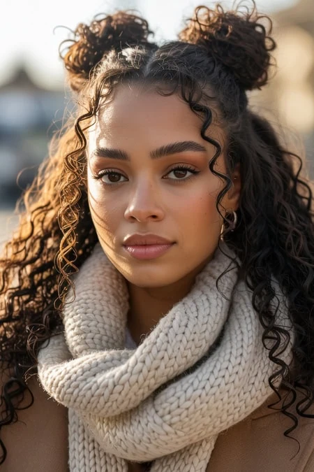 Vibrant young woman with curly hair and natural makeup, outdoor shot in warm sunlight, showcasing a winter hairstyle