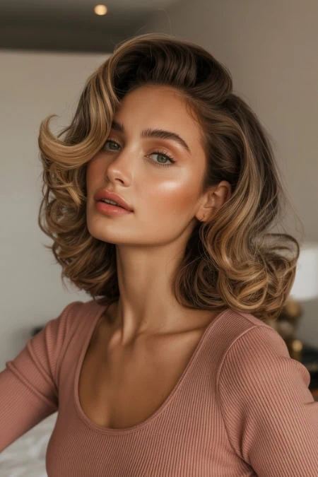 Glamorous woman with curly styled hair for a winter hairstyle.