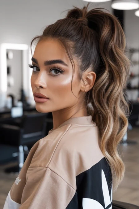 Stunning woman with voluminous wavy hair styled in a high ponytail for winter