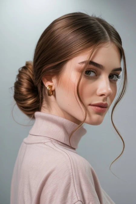 Elegant young woman with flawless skin and natural makeup, showcasing a winter hairstyle