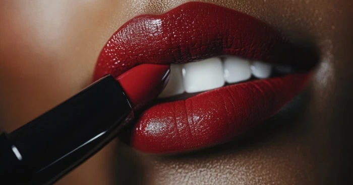 Vibrant red lipstick being applied to glossy lips, close-up shot emphasizing makeup and beauty enhancement.