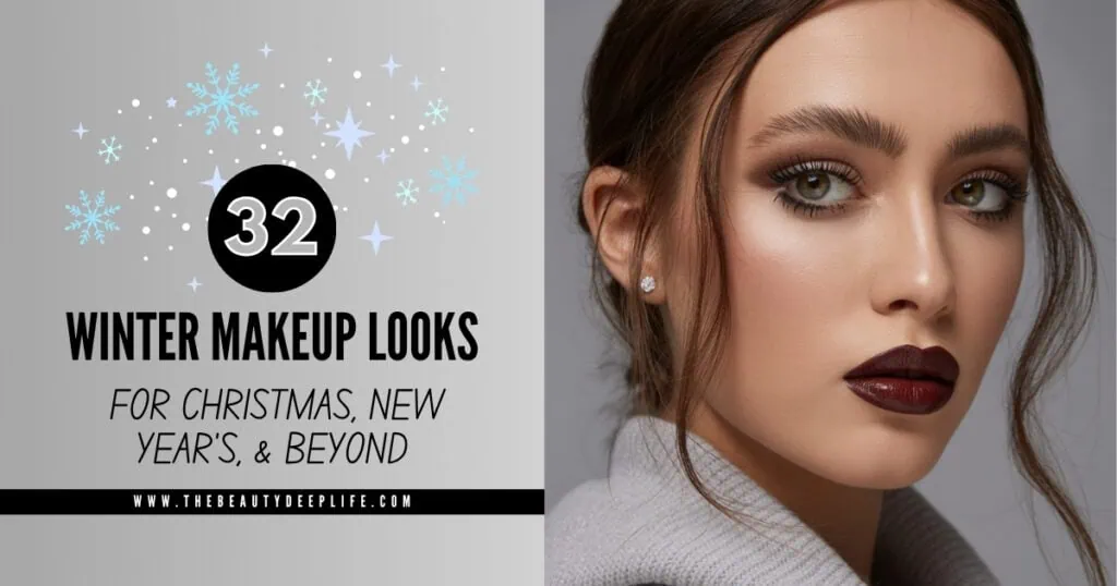 A close-up image of a woman with winter-themed makeup, featuring bold dark lipstick, defined eyebrows, and subtle eye makeup, promoting winter makeup looks for holiday seasons and special occasions.