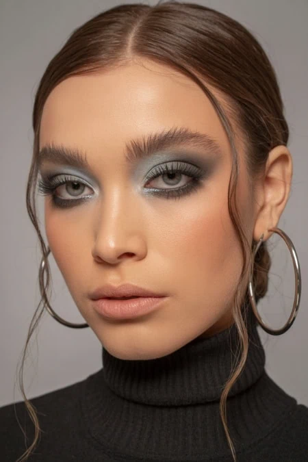 Striking woman with bold eye makeup, smoky eyeshadow, and hoop earrings, showcasing a winter makeup look.