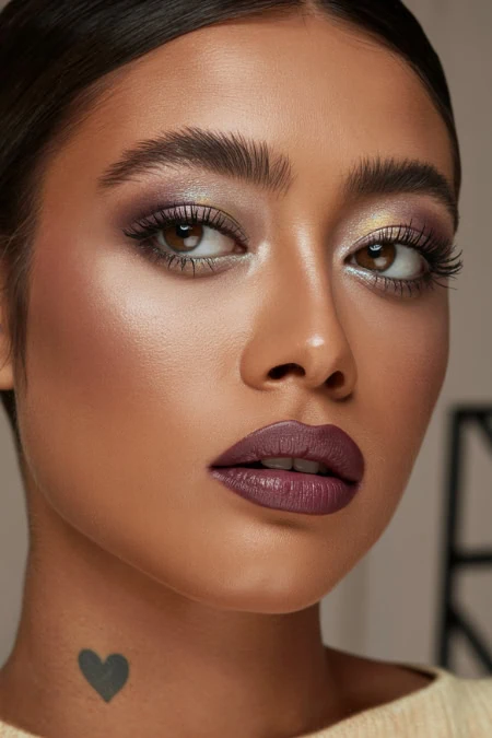 Vibrant makeup look featuring glamorous eye makeup, bold lips, and flawless skin, perfect for beauty and makeup enthusiasts looking for winter makeup looks.