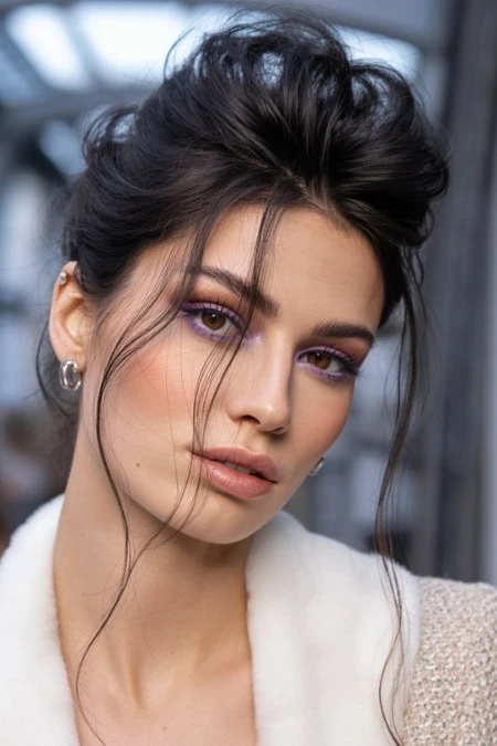 Vibrant portrait of a young woman with a flawless winter makeup look and styled hair, showcasing beauty and skincare tips, ideal for beauty blog and beauty product promotion.