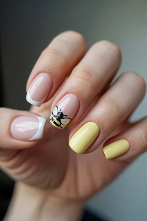 Colorful manicured nails featuring bee nail art and french tips with yellow and white polish, perfect design for spring or summer beauty and nail art inspiration.
