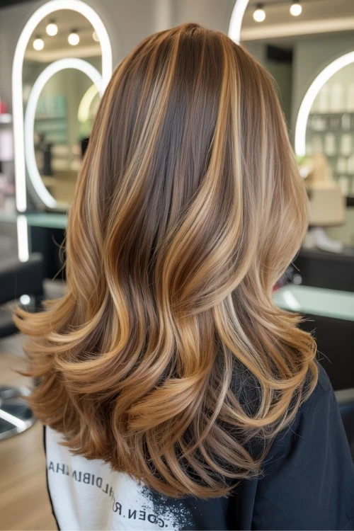 Beautiful balayage hair with caramel and blonde highlights at a modern salon, showcasing professional hair coloring and styling services.