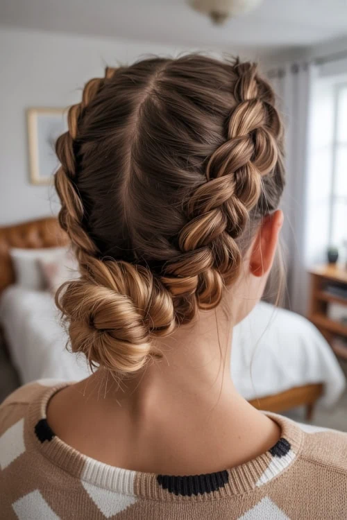 Intricate braided bun hairstyle for women with smooth, shiny hair, perfect for casual or formal occasions, showcasing expert hairstyling and hair care tips.