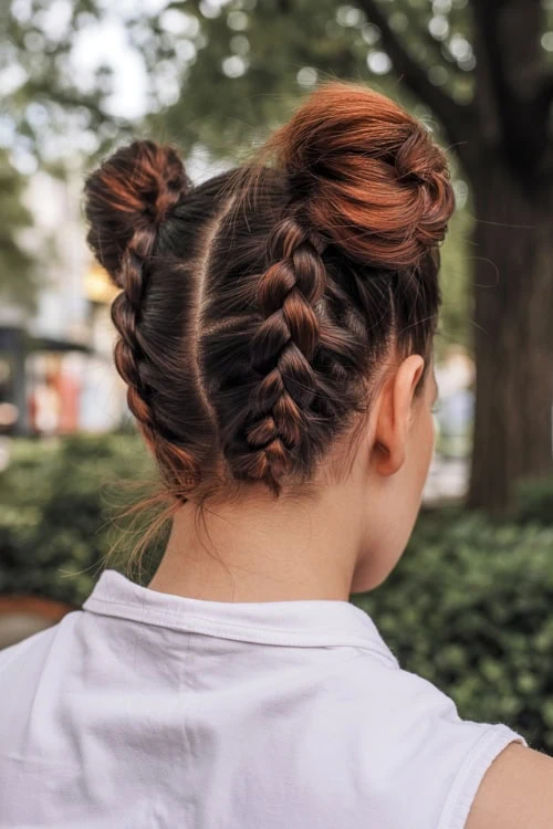 Braided hairstyle with two buns and intricate braids for stylish outdoor look.