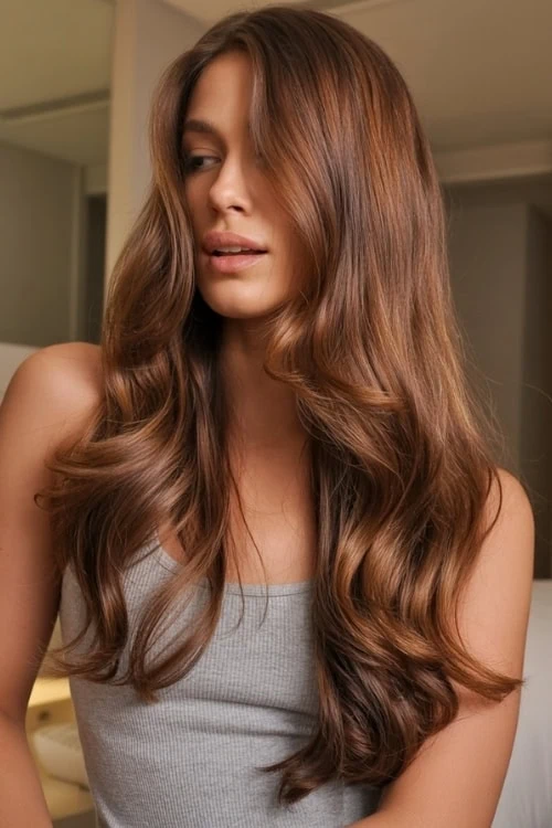 Long wavy brown hair looking luxurious and healthy, perfect for hair care and beauty routines.