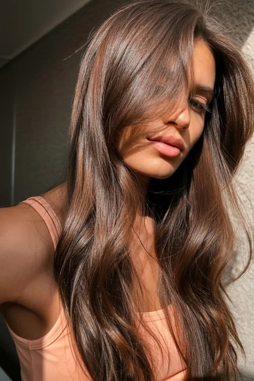 Long wavy brunette hair with soft curls and shiny texture, natural makeup, close-up portrait of a woman with perfect hair and flawless skin, beauty and haircare concept.