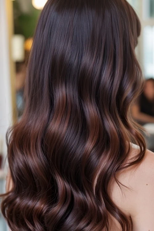 Shiny brunette wavy hair with caramel highlights, styled hair for a glamorous look, hair coloring and styling by The Beauty Deep Life, salon quality hair treatment, beautiful hair care.