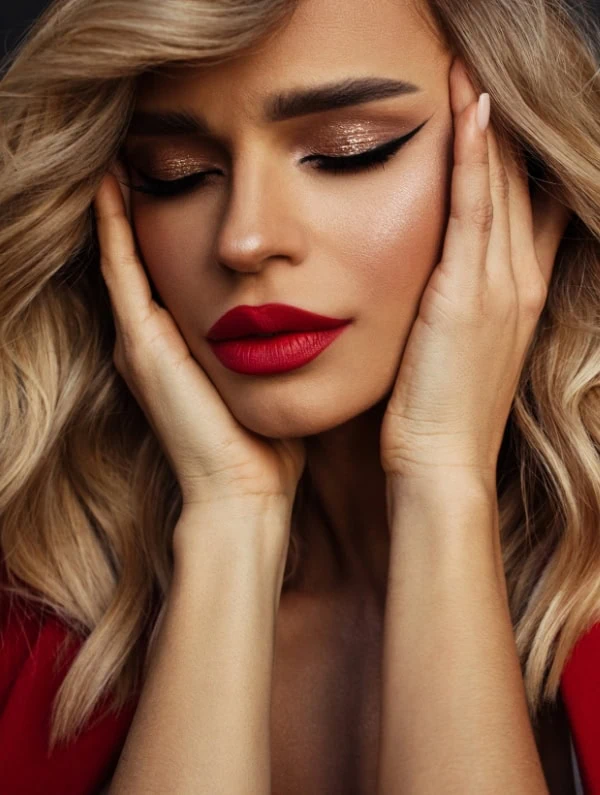 Beautiful woman with glamorous makeup, red lipstick, and long blonde hair, showcasing A Christmas makeup look.
