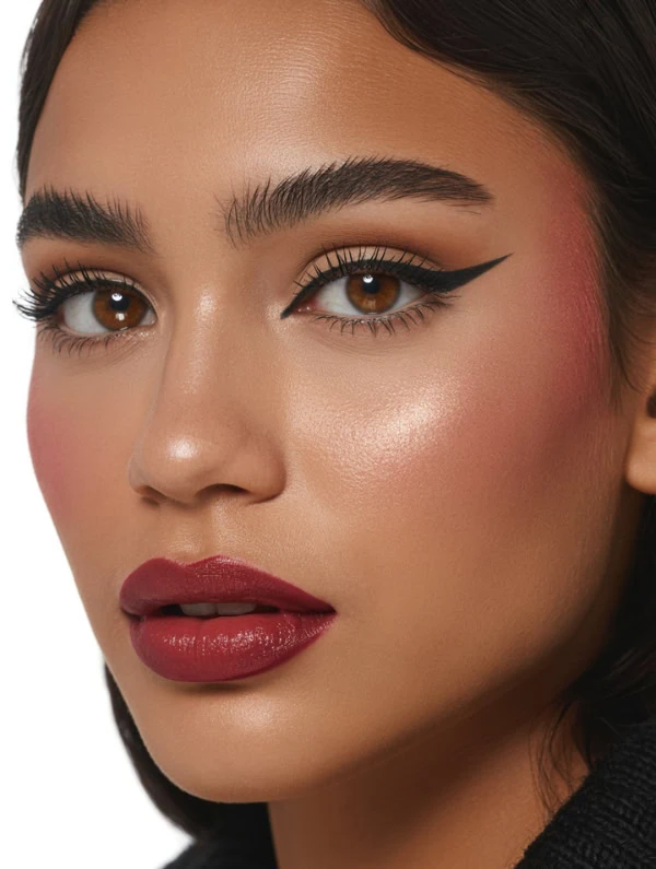 Close-up of a woman with flawless makeup, bold eyeliner, full lips, and glowing skin, showcasing beauty and cosmetic excellence for skincare and makeup inspiration.
