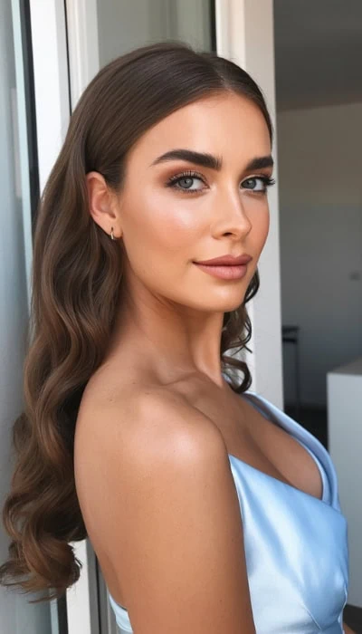 Glamorous woman with flawless makeup and long wavy brown hair, posing indoors for a formal beauty and hairstyle look, featuring natural light and elegant appearance.