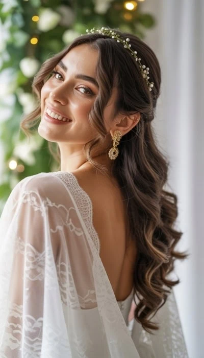 Elegant bridal portrait of a smiling woman with a long wavy hairstyle, wearing floral headband and gold earrings, in a bright, decorated interior perfect for formal wedding, hair, and beauty content.