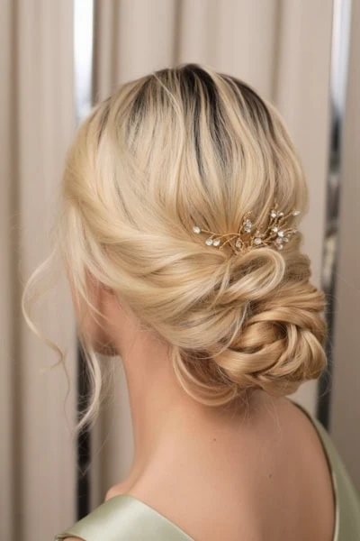 Elegant blonde updo with pearl hair accessory, perfect for formal weddings and special occasions.