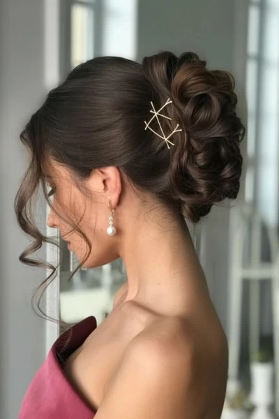 Elegant bridal updo with for long hair with decorative hairpins, perfect for formal weddings and special occasions.