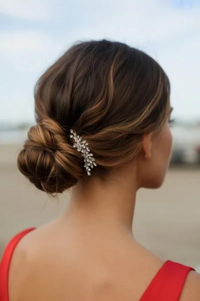 Elegant bridal updo with floral hairpin, perfect for wedding or special occasions. Beautiful formal hairstyle ideas for women with long hair by The Beauty Deep Life.