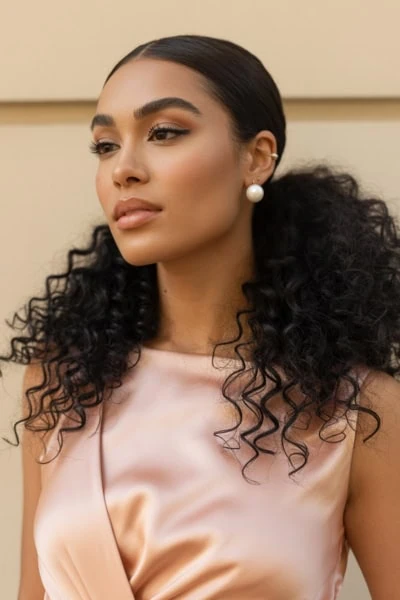 Striking woman with natural curly hair, flawless makeup, and elegant pearl earrings, showcasing beauty and skincare elegance for The Beauty Deep Life.