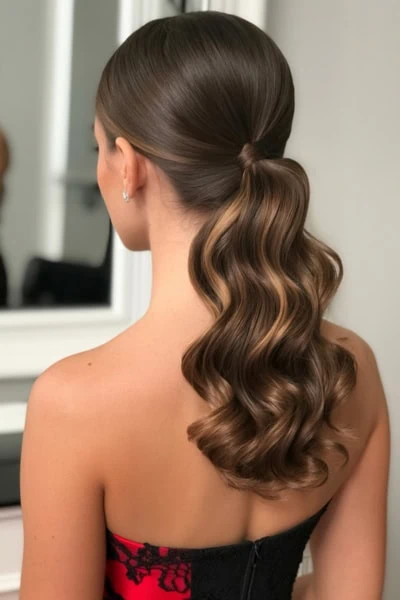 Long wavy brunette hair styled in a elegant ponytail for natural beauty and hair care inspiration.