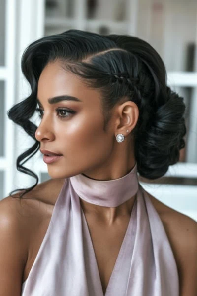 Elegant woman with styled vintage hair, flawless makeup, and glamorous accessories, perfect for beauty and fashion inspiration.