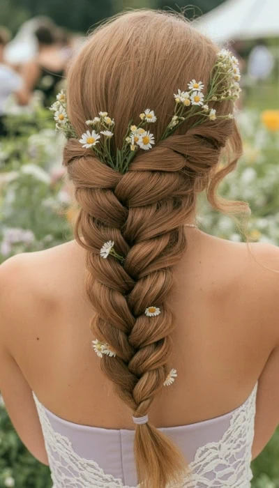 Braid hairstyle with daisy flower crown, boho bridal hair, romantic wedding hair idea, outdoor garden wedding hairstyle, floral hair accessory for women.
