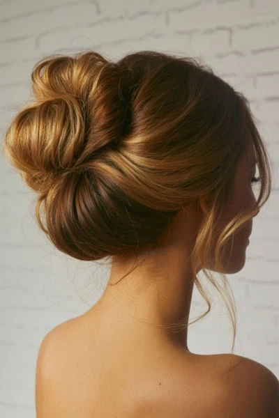 Elegant and formal messy braided updo hairstyle for women with long hair.