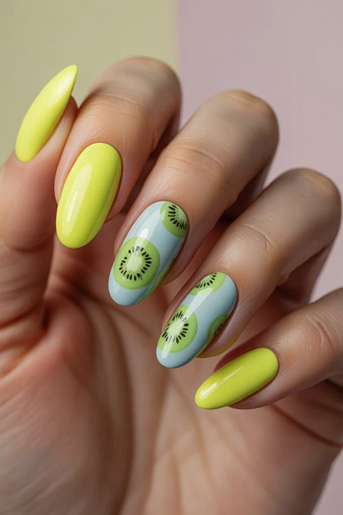 Vivid yellow and kiwi fruit nail art design with glossy finish, perfect for summer and spring seasons, beautiful manicure, trendy nail art style, on well-groomed hand.