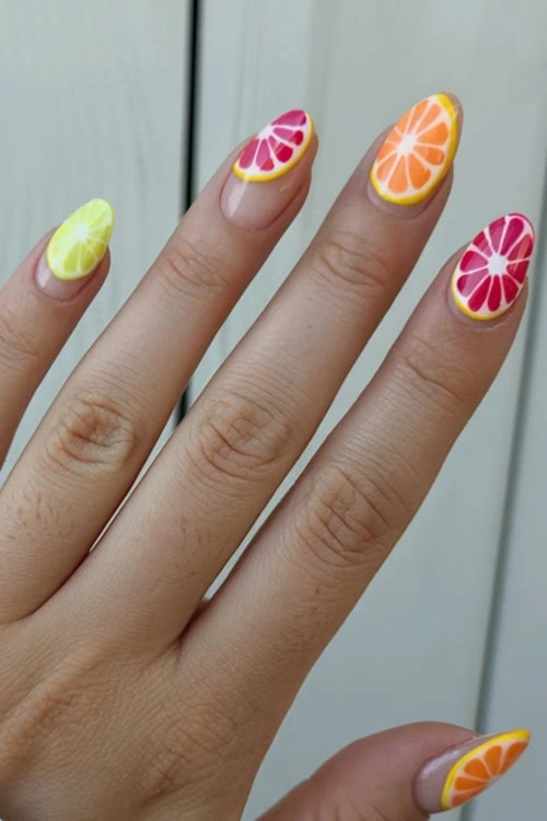 Vibrant fruit-themed nail art with colorful citrus slice designs on manicured nails, summer inspired nail polish art, perfect for tropical or seasonal nail trends.