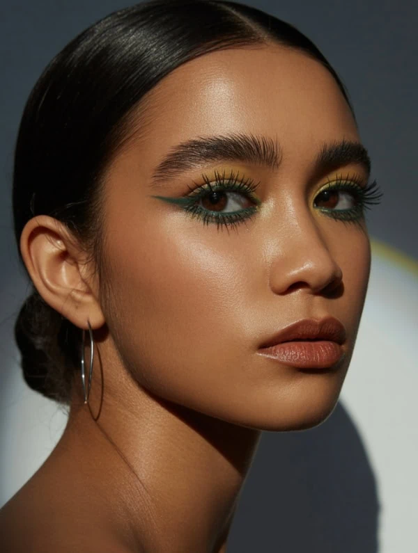 Vibrant green eye makeup on a young woman showcasing bold beauty and vibrant eye makeup look fir Christmas