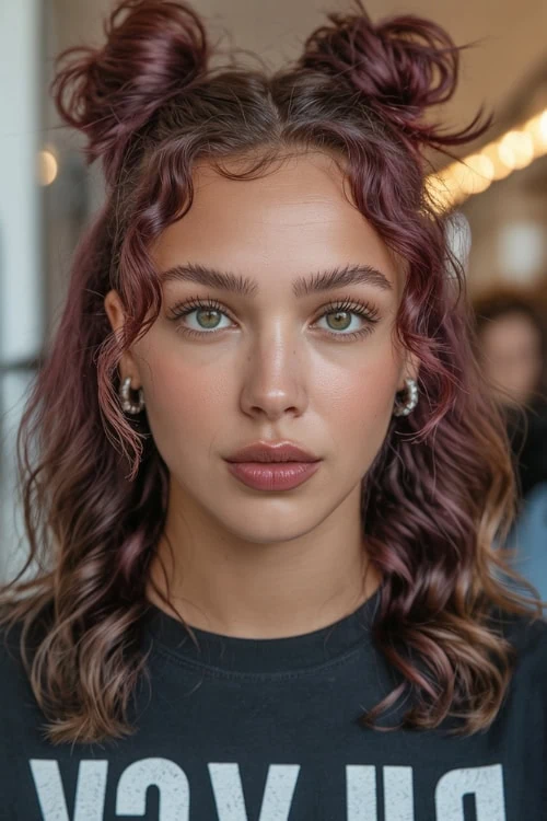 Vibrant young woman with curly pink hair styled in double buns, flawless makeup, and stylish earrings posing indoors at The Beauty Deep Life.