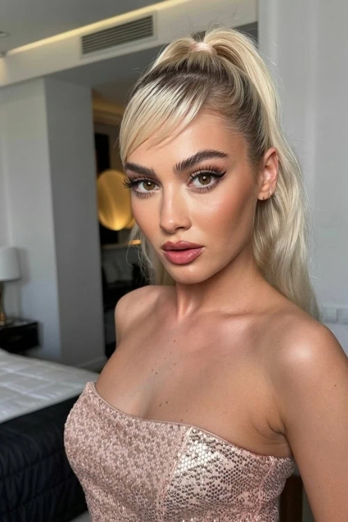 Beautiful blonde woman with glamorous makeup and styled hair in a high ponytail in a luxurious hotel room.