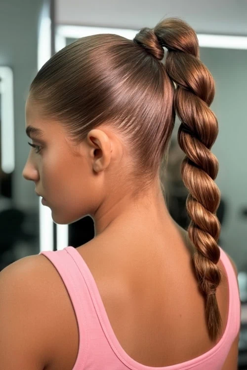 Long, sleek brunette twisted ponytail hairstyle with a voluminous braid on a young woman at the gym.