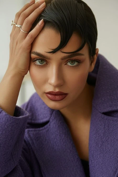 Striking woman with dark short hair and intense green eyes, wearing a purple coat, posing for beauty and fashion photography.