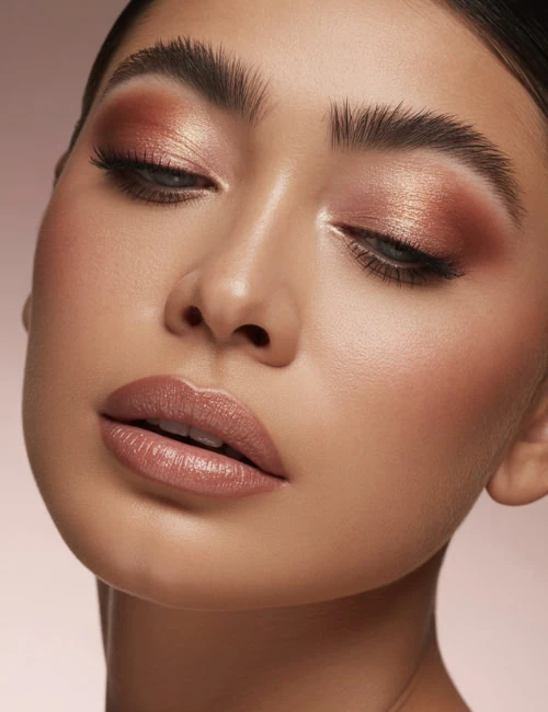 Soft glam makeup look with flawless skin, natural nude lips, and shimmering eye shadow - beauty and skincare tips from The Beauty Deep Life.
