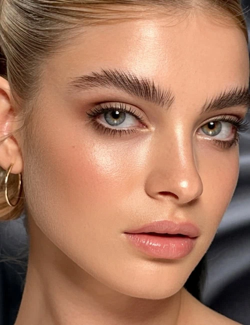 Stunning close-up of a young woman with flawless skin, natural makeup, and striking blue eyes, emphasizing a soft glam makeup look.
