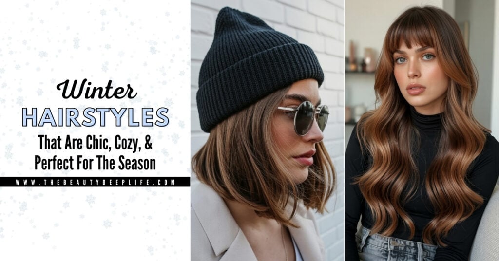 Elegant winter hairstyles for women, featuring long wavy hair, perfect for the holiday season and seasonal fashion trends.