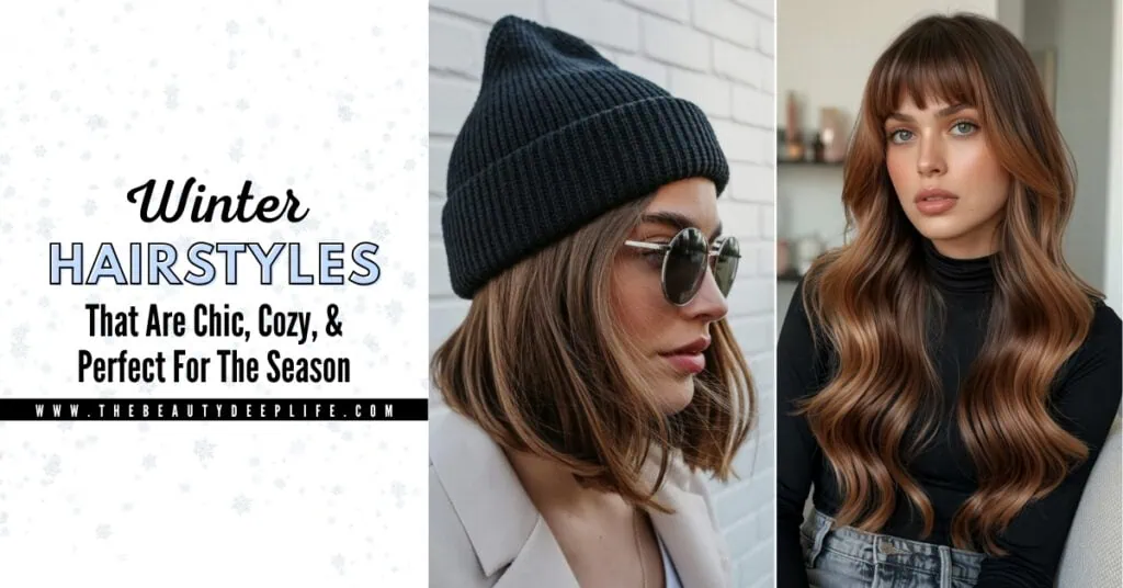 Elegant winter hairstyles for women, featuring long wavy hair, perfect for the holiday season and seasonal fashion trends.