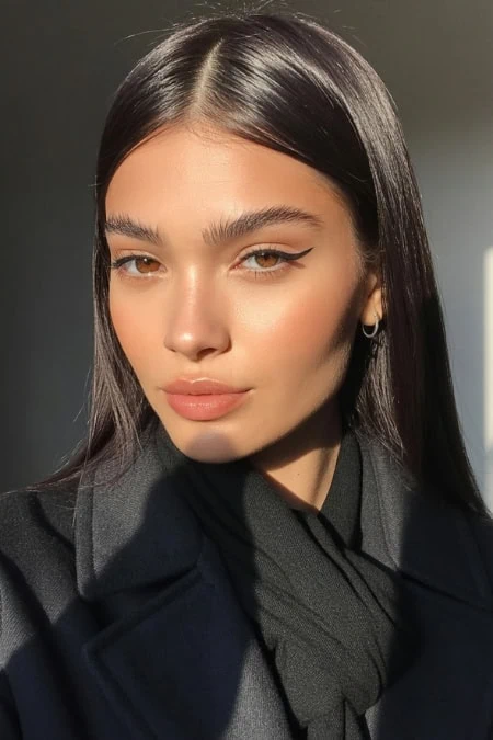 Stunning young woman with a winter hairstyle that is sleek and straight with a middle part