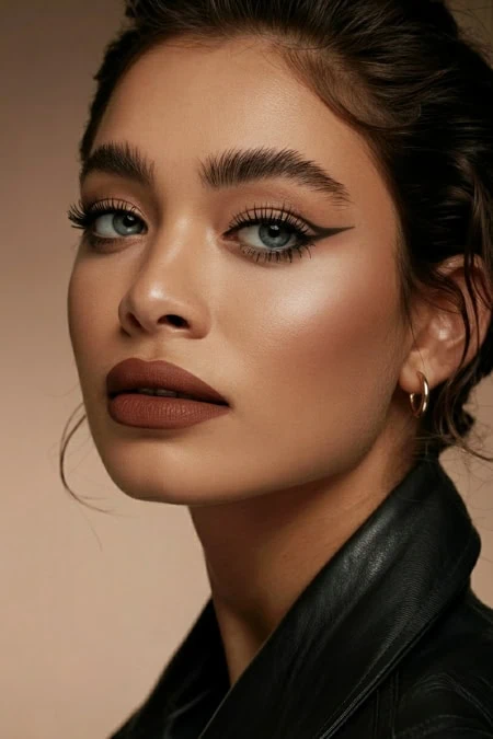 Stunning woman with bold makeup, winged eyeliner, and flawless skin, showcasing beauty, skincare, and makeup tips for a confident look.