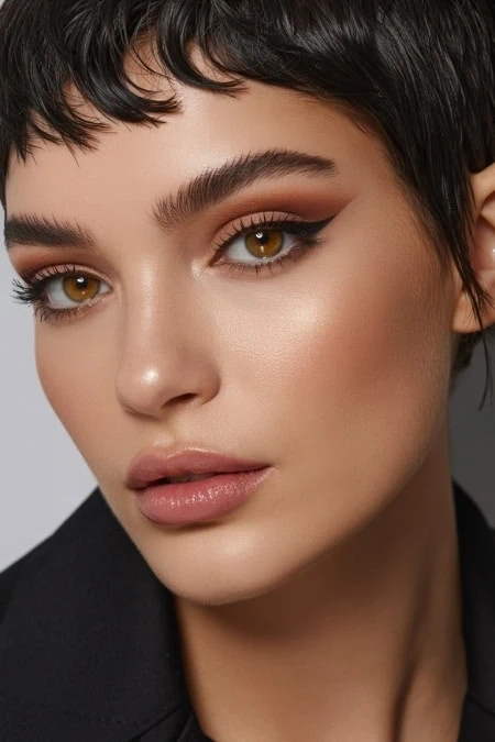 Brown-eyed woman with bold winged eyeliner and short black hair, showcasing flawless makeup and skin. Perfect for beauty, makeup, and fashion topics.