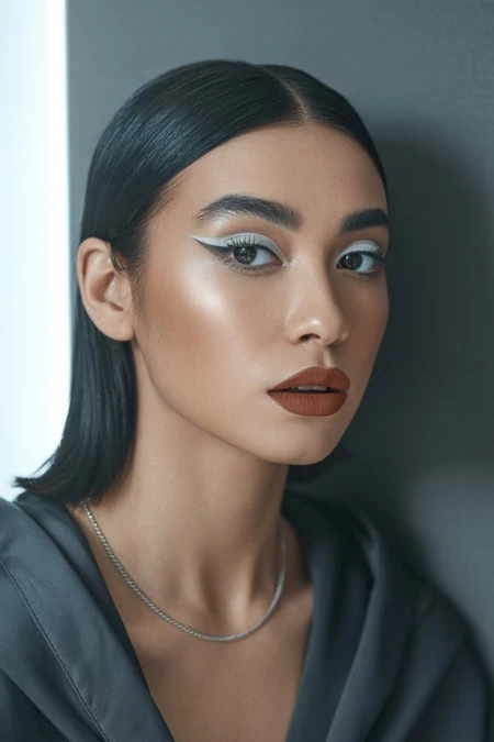 Vibrant makeup look featuring bold white eyeliner and matte brown lips on a confident woman with sleek black hair, showcasing beauty and fashion trends from The Beauty Deep Life.