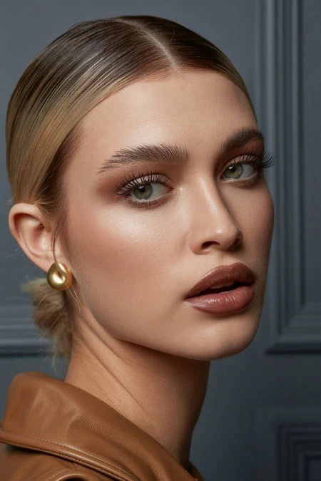 Elegant woman with flawless makeup, blonde hair, and gold earrings showcasing beauty and skincare essentials for a radiant look.