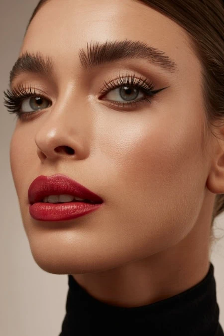 Striking close-up of a woman's flawless winter makeup look with bold red lips, defined eyebrows, and subtle eye makeup.