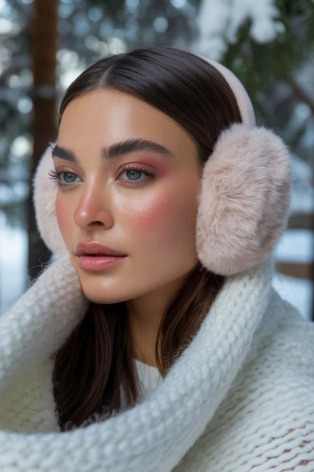 Premium winter fashion photo of a young woman wearing cozy earmuffs, stylish knit sweater, and scarf, enjoying a cold outdoor setting, perfect for winter comfort, beauty, and lifestyle content.