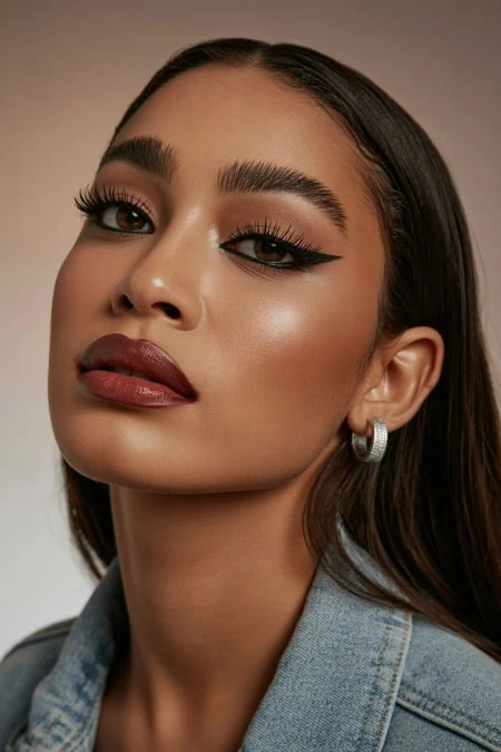 Glamorous woman with flawless makeup, bold eyeliner, and voluminous lashes, showcasing beauty and skincare trends for optimal beauty deep life.