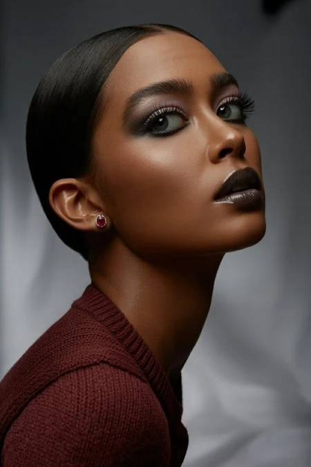 Stunning woman with flawless makeup, dark lipstick, and elegant jewelry, showcasing beauty and skincare expertise.